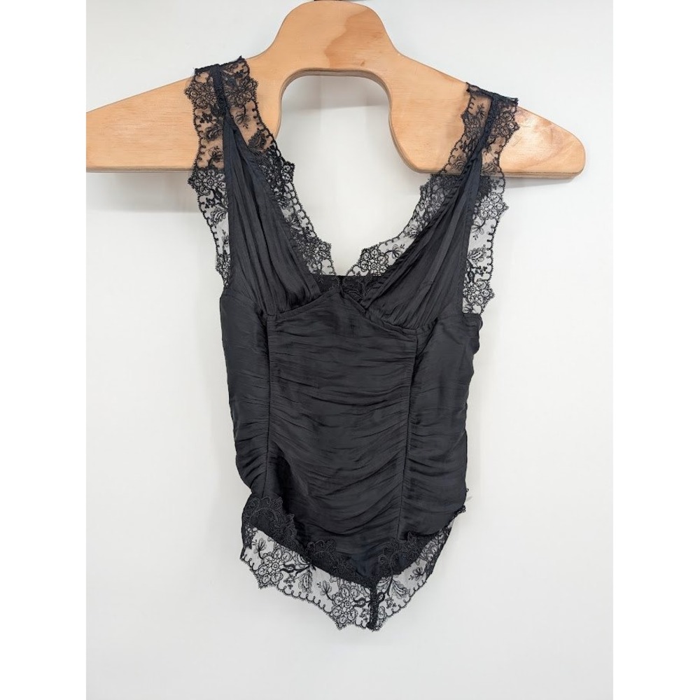 Free People Elena Lace Tank Top Satin Bodice Lace Trim Black Women's NWT S